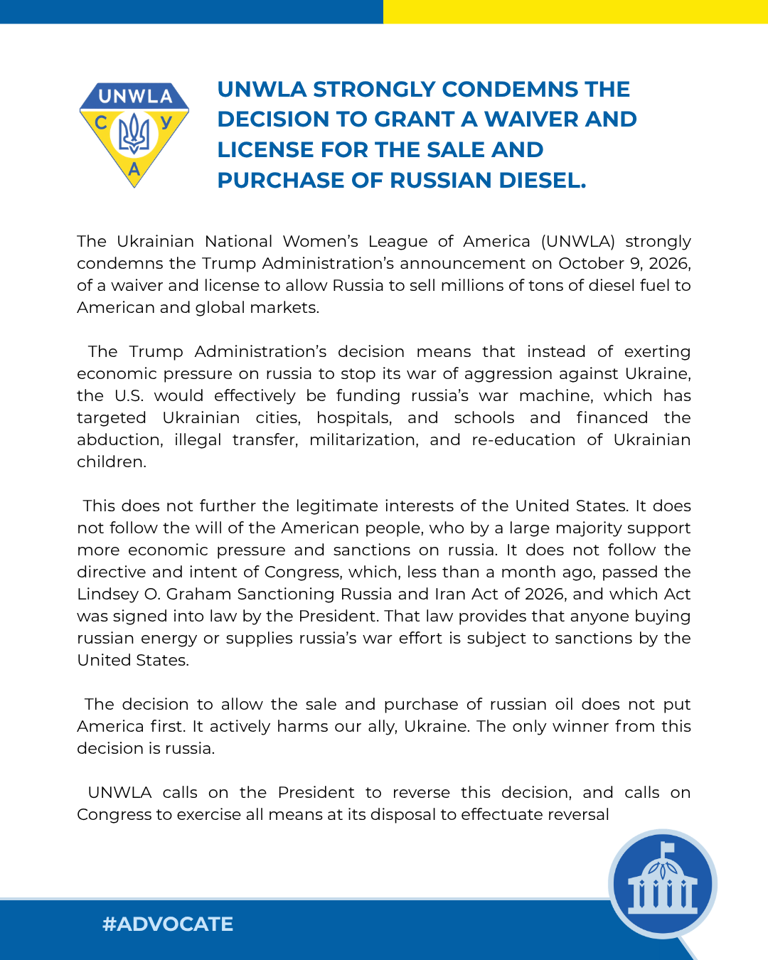 STATEMENT on diesel deal with russia STATEMENT on diesel deal with russia | UNWLA - Ukrainian National Womens League of America