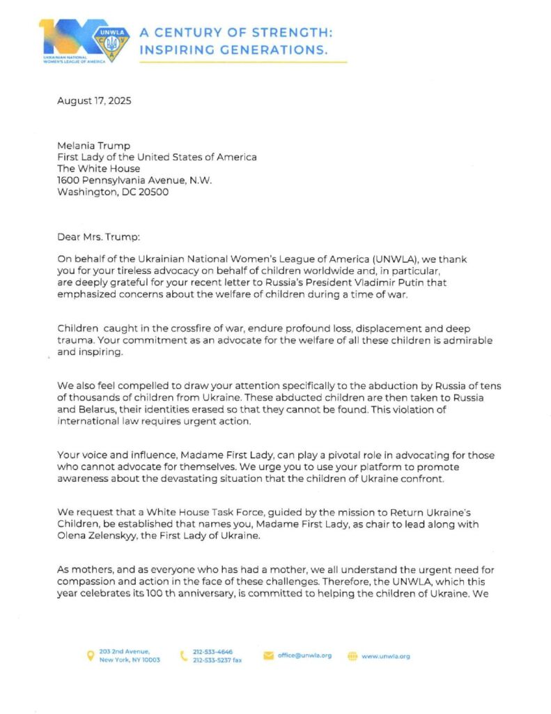 TY letter to Melania Trump pdf | UNWLA - Ukrainian National Womens League of America