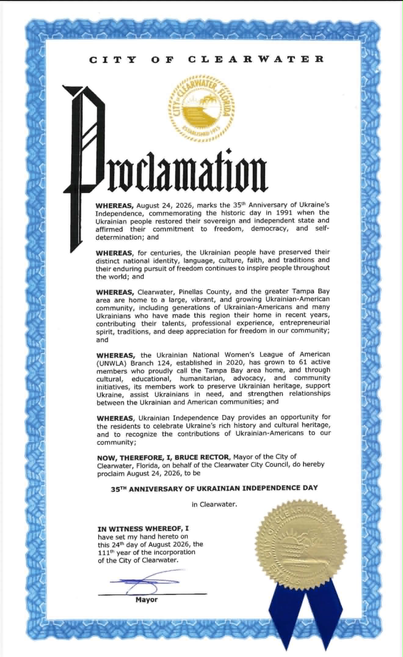 125 events nationwide: 35 Years of Ukraine's Independence 23 | UNWLA - Ukrainian National Womens League of America Br 124 Clearwater Fl Proclamation | UNWLA - Ukrainian National Womens League of America