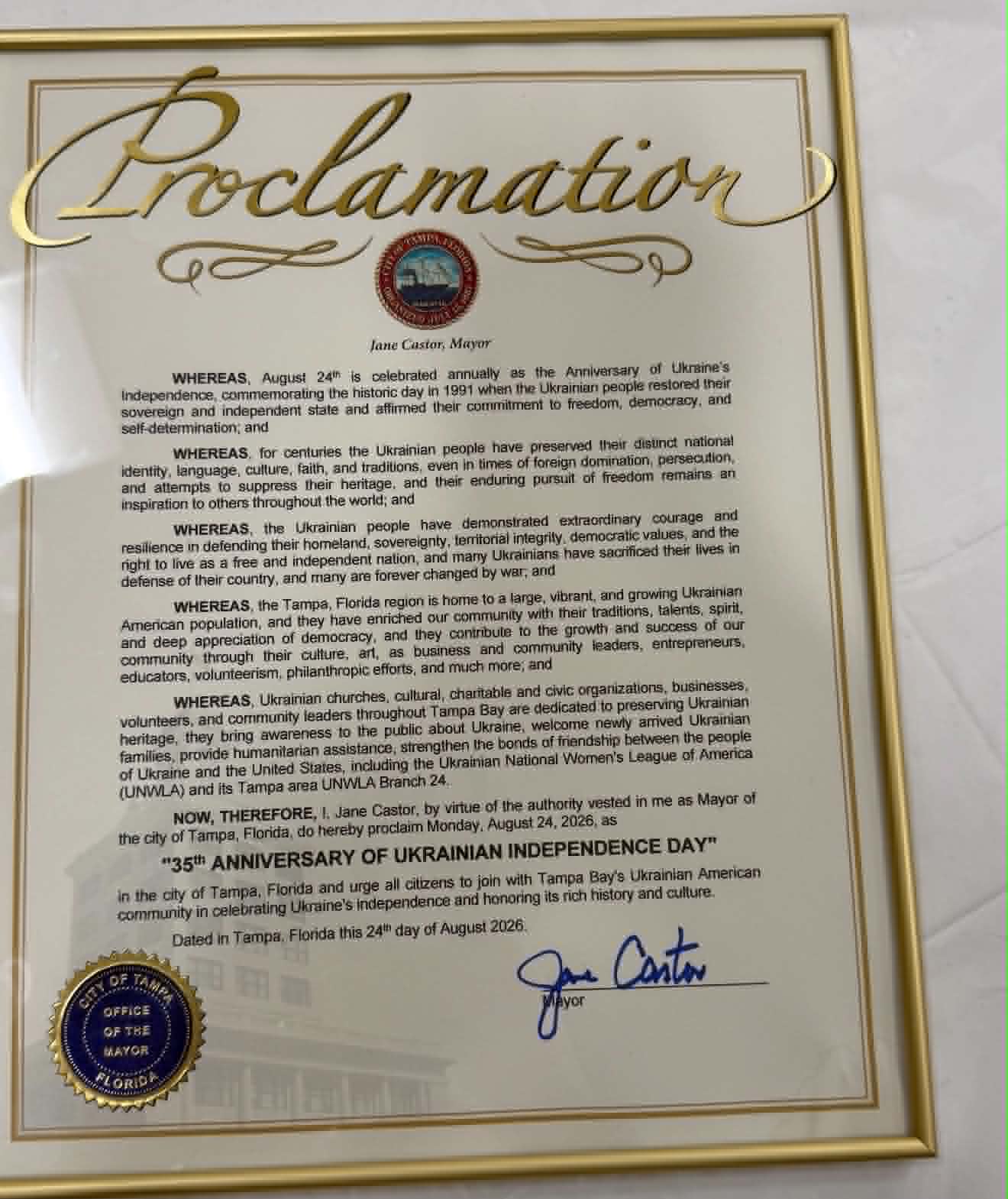 125 events nationwide: 35 Years of Ukraine's Independence 25 | UNWLA - Ukrainian National Womens League of America Br 124 Tampa Fl Proclamation | UNWLA - Ukrainian National Womens League of America