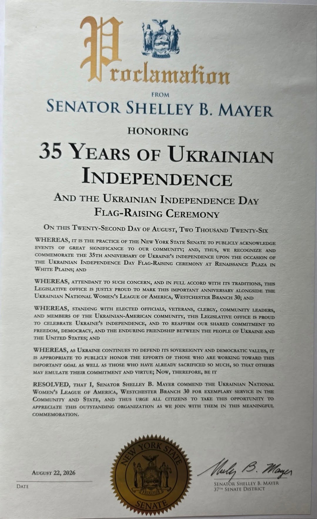 125 events nationwide: 35 Years of Ukraine's Independence 3 | UNWLA - Ukrainian National Womens League of America Br 30 NY Sen Shelley B Mayer proclamation | UNWLA - Ukrainian National Womens League of America
