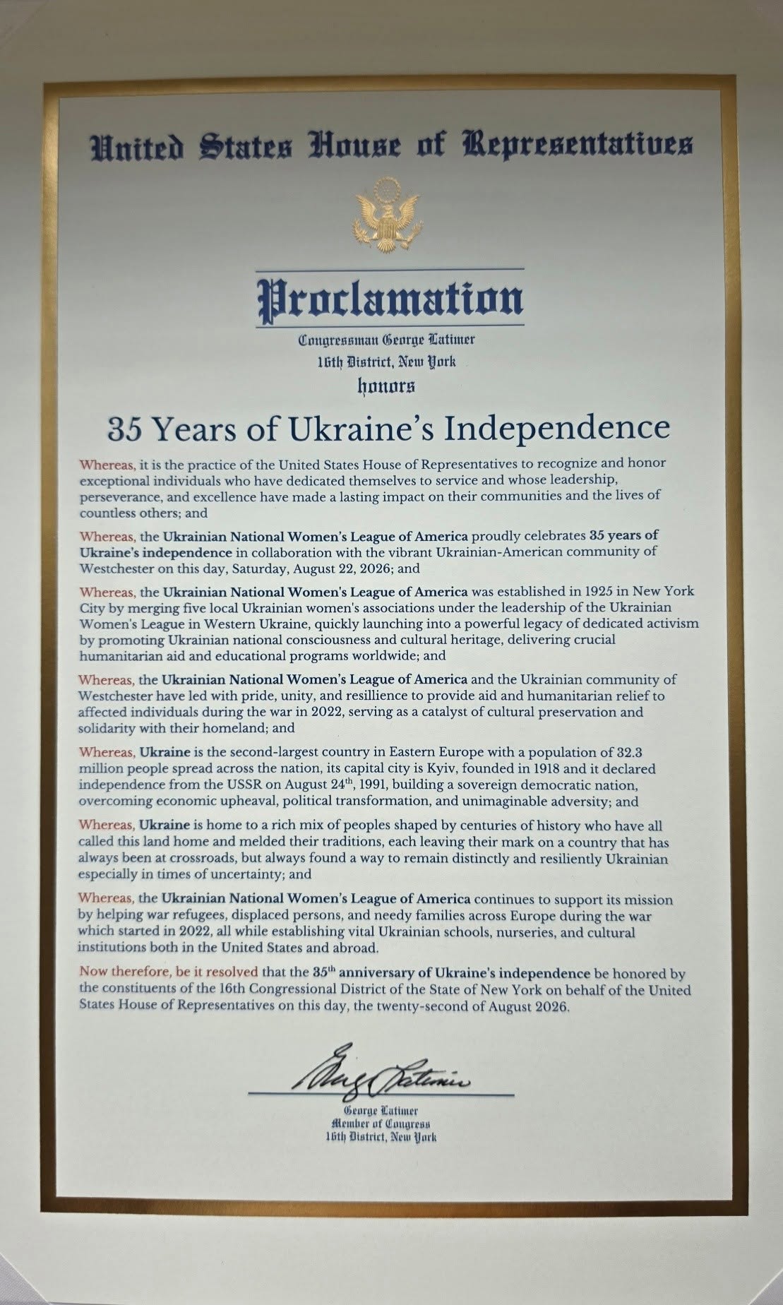 125 events nationwide: 35 Years of Ukraine's Independence 4 | UNWLA - Ukrainian National Womens League of America Br 30 NY Congressional Proclamation | UNWLA - Ukrainian National Womens League of America