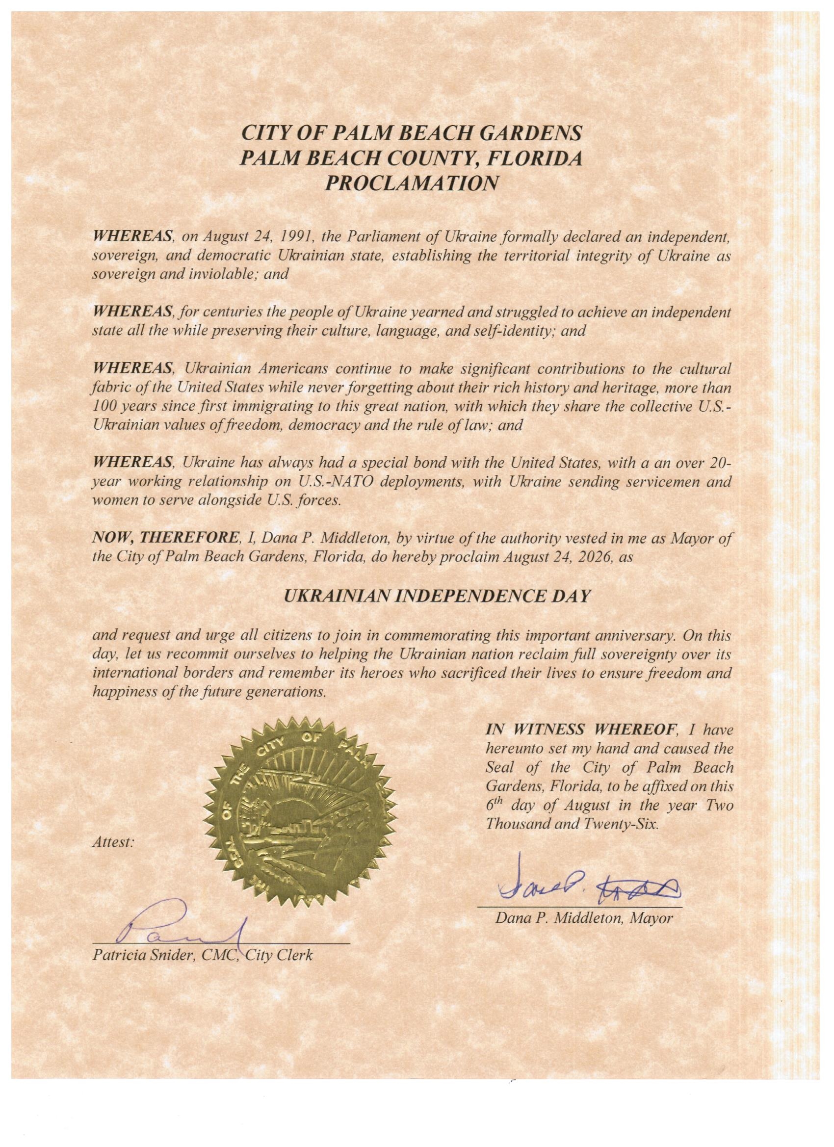 125 events nationwide: 35 Years of Ukraine's Independence 31 | UNWLA - Ukrainian National Womens League of America MAL Nadia Kachalenko City of Palm Beach Gardens Proclamation 2026 | UNWLA - Ukrainian National Womens League of America